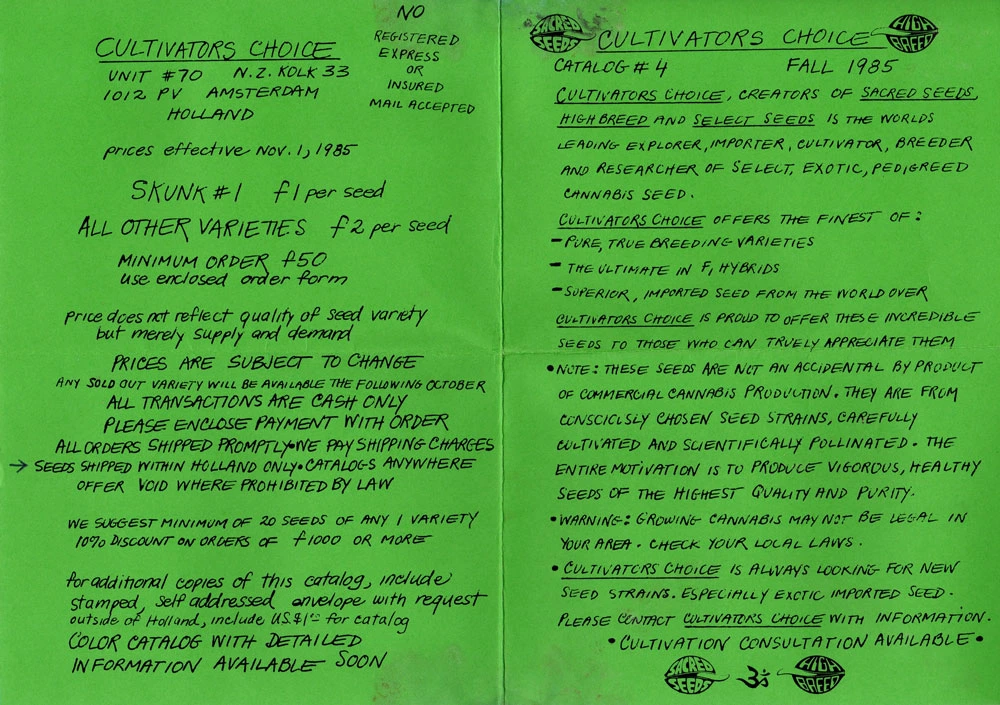 Cultivator’s Choice — Catalogue #4 · folleto verde manuscrito · página 1