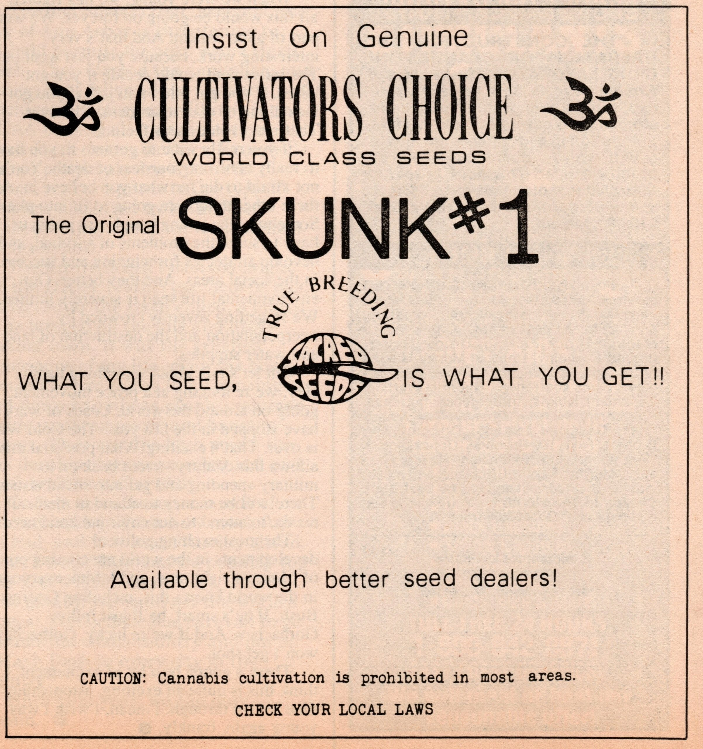 Sacred Seeds / Cultivator’s Choice — Anuncio Skunk #1 — Sacred Seeds / Cultivator’s Choice — High Times p.73 · página 1