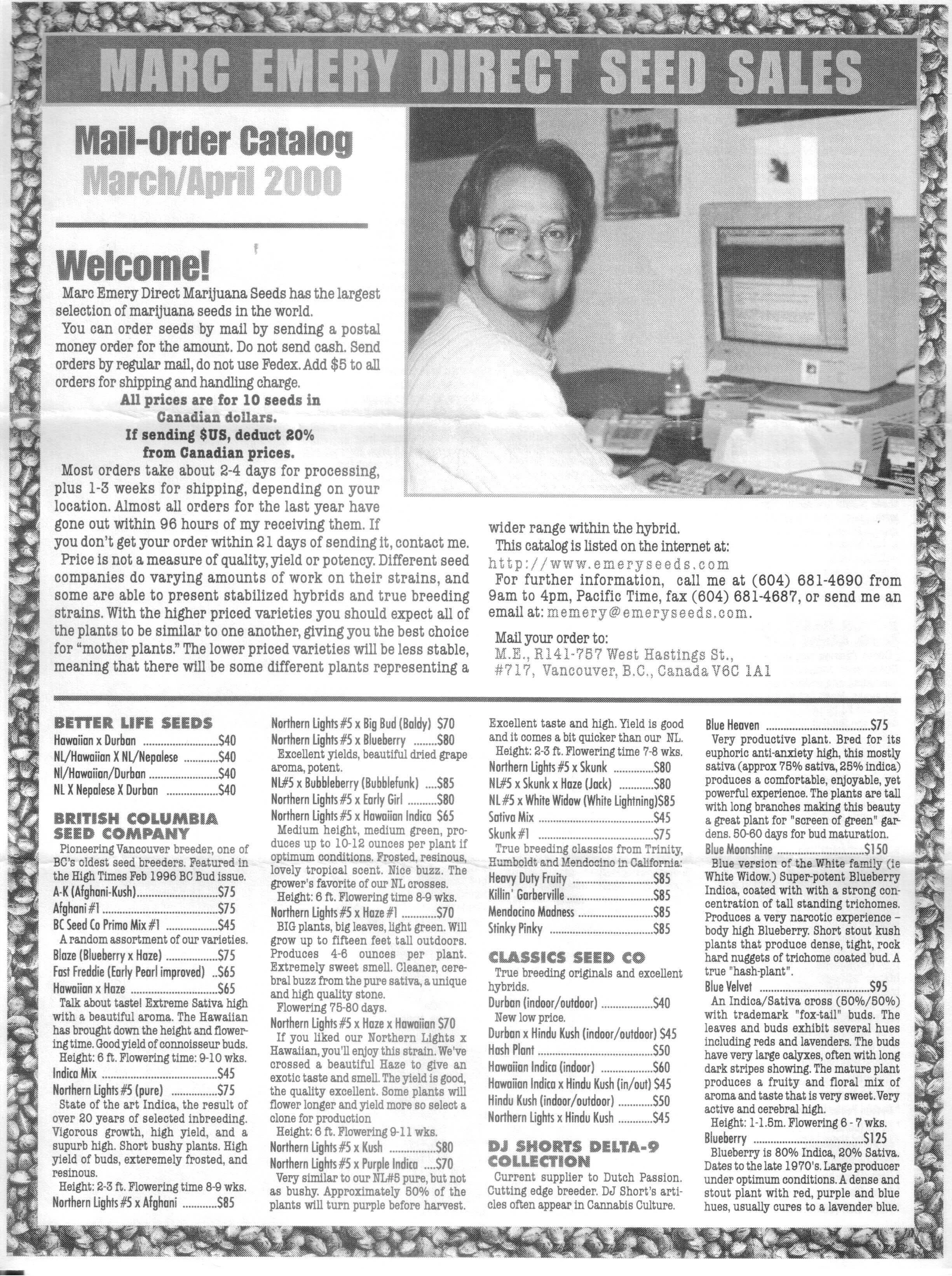Marc Emery Direct — Marc Emery Direct Seed Sales — Mail-Order Catalog · March/April 2000 · página 1