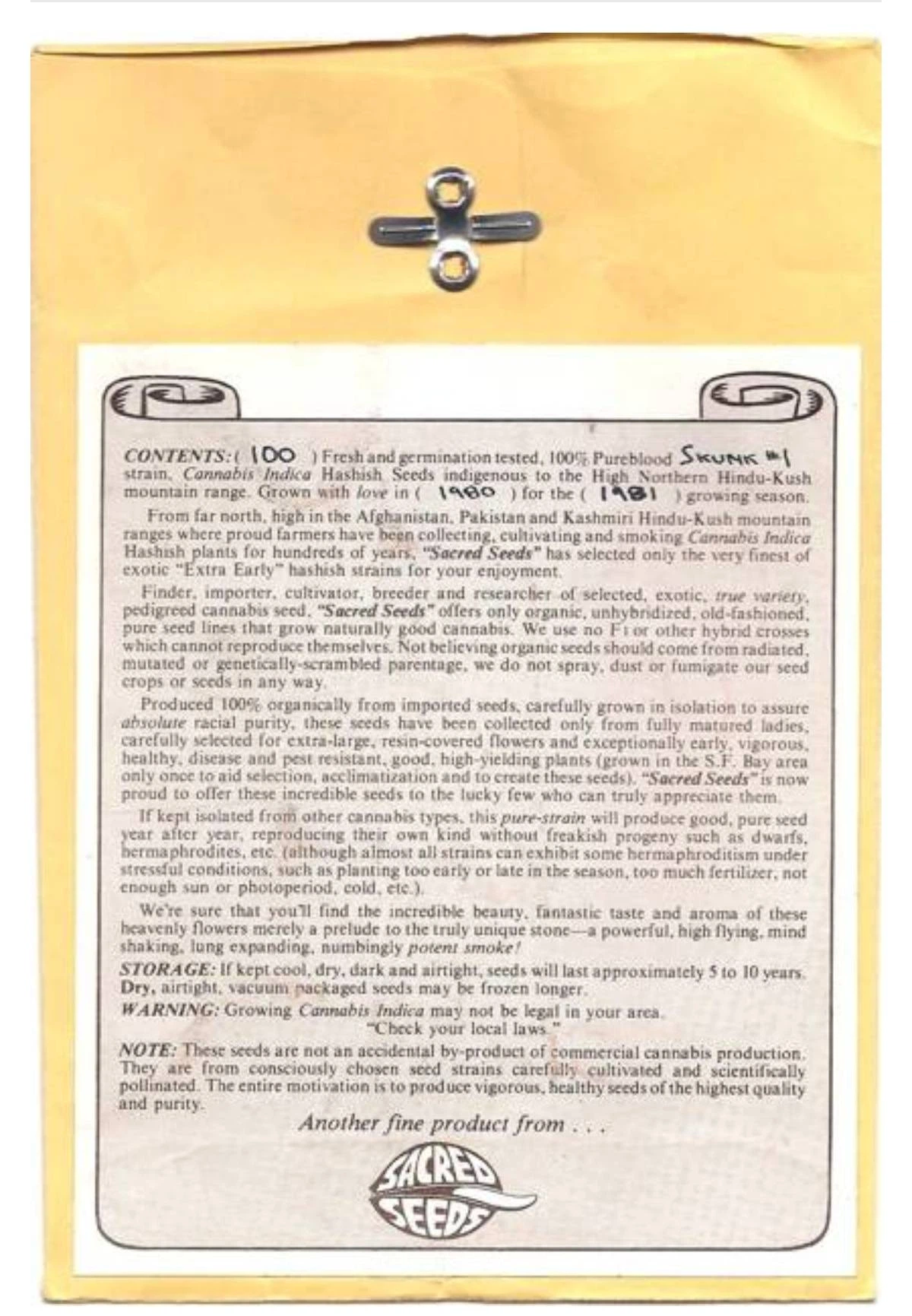 Sacred Seeds — Paquete Sacred Seeds — Skunk #1 — cosecha 1980 / temporada 1981 · página 1